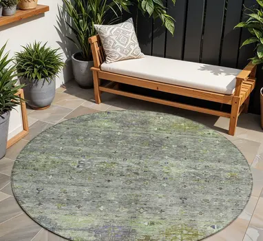 8' Sage And Gray Round Floral Washable Indoor Outdoor Area Rug