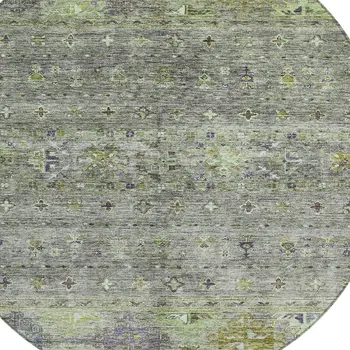 8' Sage And Gray Round Floral Washable Indoor Outdoor Area Rug