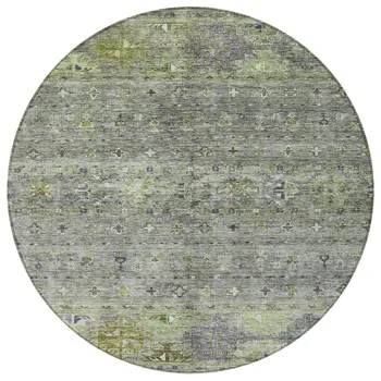 8' Sage And Gray Round Floral Washable Indoor Outdoor Area Rug