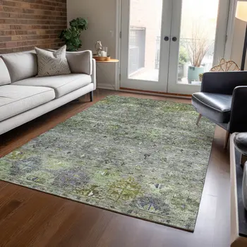 8' X 10' Sage And Gray Floral Washable Indoor Outdoor Area Rug