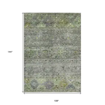 9' X 12' Sage And Gray Floral Washable Indoor Outdoor Area Rug