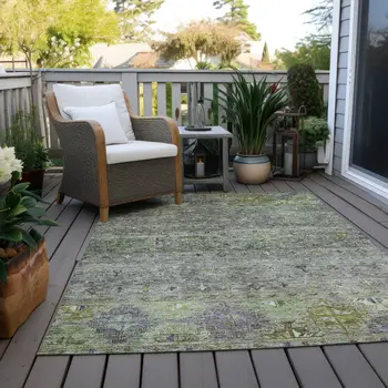 9' X 12' Sage And Gray Floral Washable Indoor Outdoor Area Rug