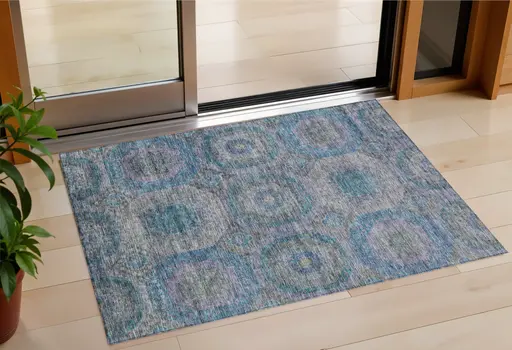 3' X 5' Blue And Gray Geometric Washable Indoor Outdoor Area Rug