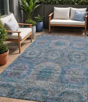 5' X 8' Blue And Gray Geometric Washable Indoor Outdoor Area Rug