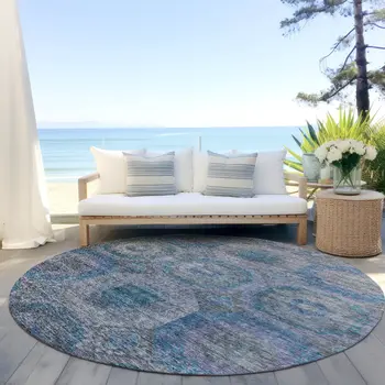 8' Blue And Gray Round Geometric Washable Indoor Outdoor Area Rug
