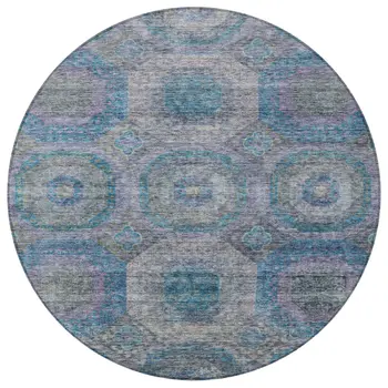 8' Blue And Gray Round Geometric Washable Indoor Outdoor Area Rug