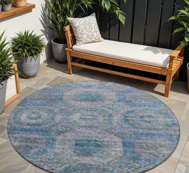 8' Blue And Gray Round Geometric Washable Indoor Outdoor Area Rug