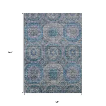 9' X 12' Blue And Gray Geometric Washable Indoor Outdoor Area Rug