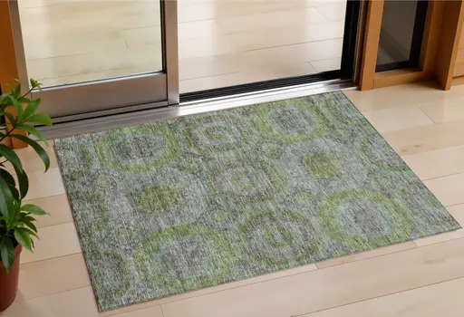 3' X 5' Olive Green And Gray Geometric Washable Indoor Outdoor Area Rug