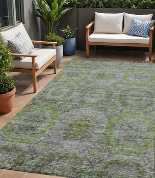 5' X 8' Olive Green And Gray Geometric Washable Indoor Outdoor Area Rug