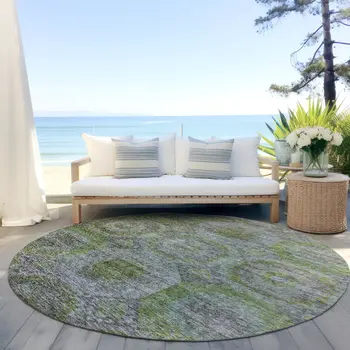 8' Olive Green And Gray Round Geometric Washable Indoor Outdoor Area Rug