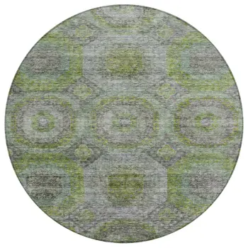 8' Olive Green And Gray Round Geometric Washable Indoor Outdoor Area Rug