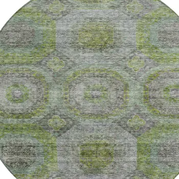8' Olive Green And Gray Round Geometric Washable Indoor Outdoor Area Rug
