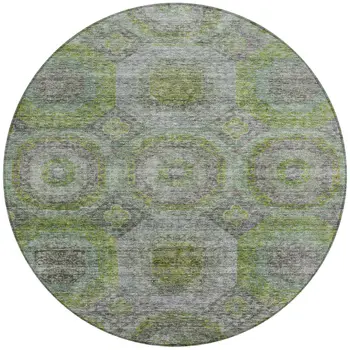 8' Olive Green And Gray Round Geometric Washable Indoor Outdoor Area Rug