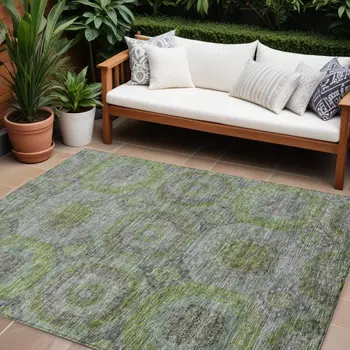 9' X 12' Olive Green And Gray Geometric Washable Indoor Outdoor Area Rug