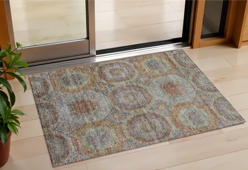 3' X 5' Copper Green And Gray Geometric Washable Indoor Outdoor Area Rug