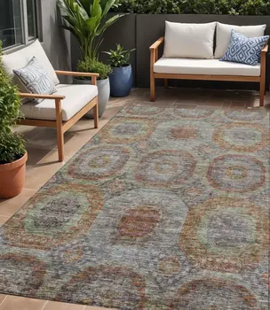 5' X 8' Copper Green And Gray Geometric Washable Indoor Outdoor Area Rug