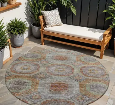 8' Copper Green And Gray Round Geometric Washable Indoor Outdoor Area Rug