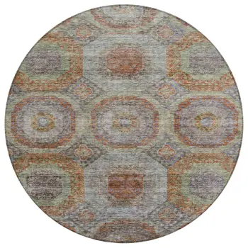 8' Copper Green And Gray Round Geometric Washable Indoor Outdoor Area Rug