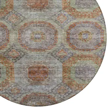 8' Copper Green And Gray Round Geometric Washable Indoor Outdoor Area Rug