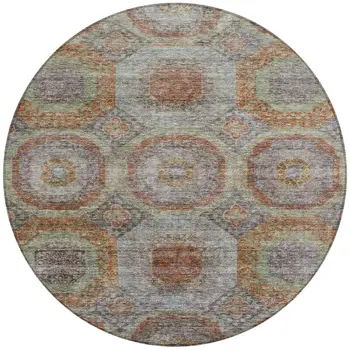 8' Copper Green And Gray Round Geometric Washable Indoor Outdoor Area Rug