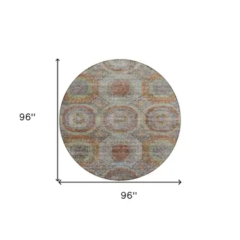 8' Copper Green And Gray Round Geometric Washable Indoor Outdoor Area Rug