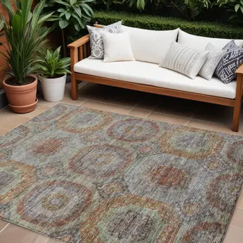 10' X 14' Copper Green And Gray Geometric Washable Indoor Outdoor Area Rug