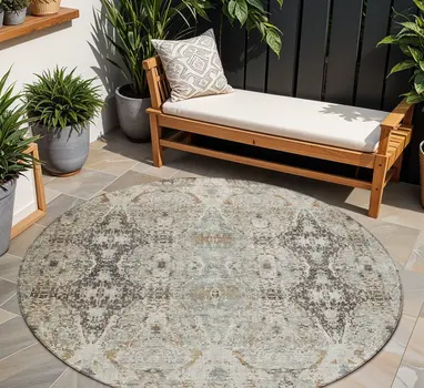 8' Linen Black And Brown Round Floral Washable Indoor Outdoor Area Rug