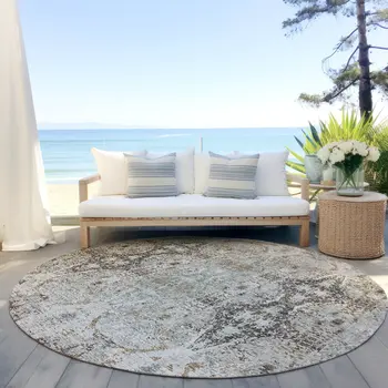 8' Linen Black And Brown Round Floral Washable Indoor Outdoor Area Rug