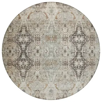 8' Linen Black And Brown Round Floral Washable Indoor Outdoor Area Rug
