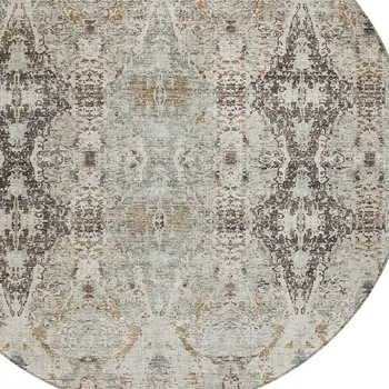 8' Linen Black And Brown Round Floral Washable Indoor Outdoor Area Rug