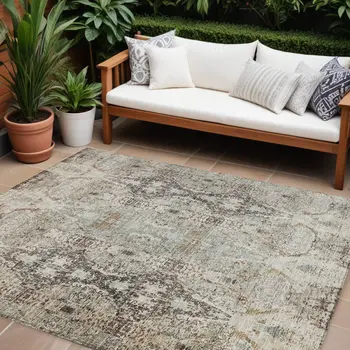 8' X 10' Linen Black And Brown Floral Washable Indoor Outdoor Area Rug