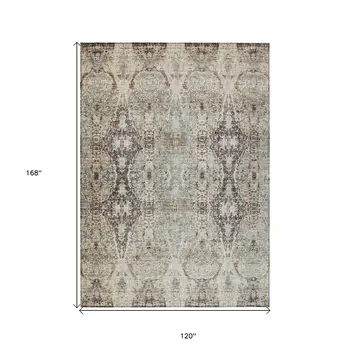 10' X 14' Linen Black And Brown Floral Washable Indoor Outdoor Area Rug
