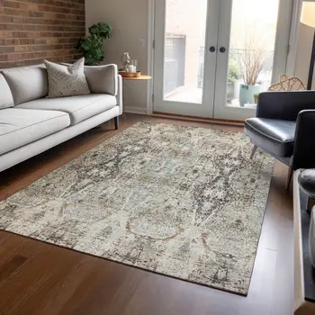 10' X 14' Linen Black And Brown Floral Washable Indoor Outdoor Area Rug