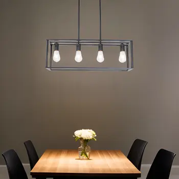 Black Metal Four Light Caged Rectangular Hanging Pendent Light
