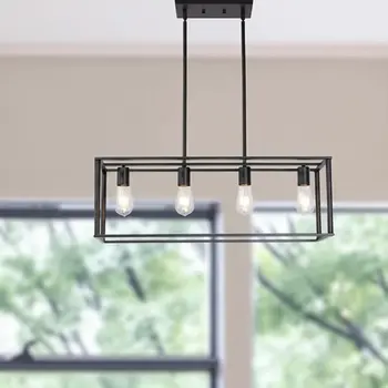 Black Metal Four Light Caged Rectangular Hanging Pendent Light