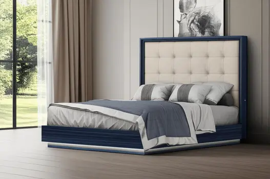 Blue and Gray Wood And Tufted Faux Leather Lighted Queen Bed Frame
