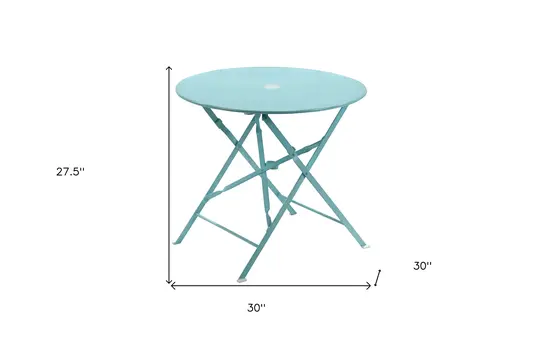 30" Aqua Rounded Aluminum Folding Outdoor Bistro Table with Umbrella Hole