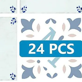 6" x 6" Blue Vinyl Arabesque Peel And Stick Removable Tiles