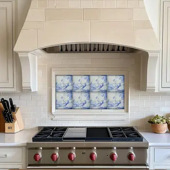 4" x 4" Blue Vinyl Arabesque Peel And Stick Removable Tiles