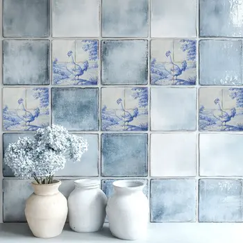 4" x 4" Blue Vinyl Arabesque Peel And Stick Removable Tiles