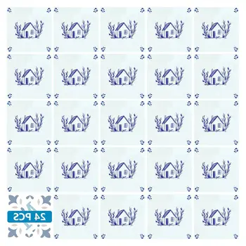 6" x 6" Blue Vinyl Arabesque Peel And Stick Removable Tiles