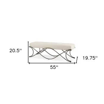 55" Cream and Nickel Fabric and Metal Upholstered Bench