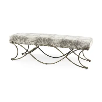 55" Light And Dark Gray Chenille And Gold Metal Upholstered Bench