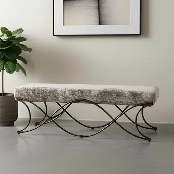55" Light And Dark Gray Chenille And Gold Metal Upholstered Bench