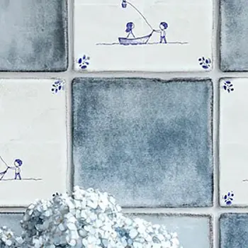 6" x 6" Blue Vinyl Arabesque Peel And Stick Removable Tiles
