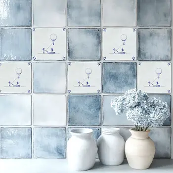 12" x 12" Blue Vinyl Arabesque Peel And Stick Removable Tiles