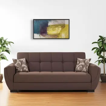 93" Brown Chenille Convertible Futon Sleeper Sofa And Toss Pillows With Storage