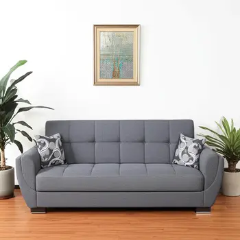 93" Gray Chenille Convertible Futon Sleeper Sofa And Toss Pillows With Storage