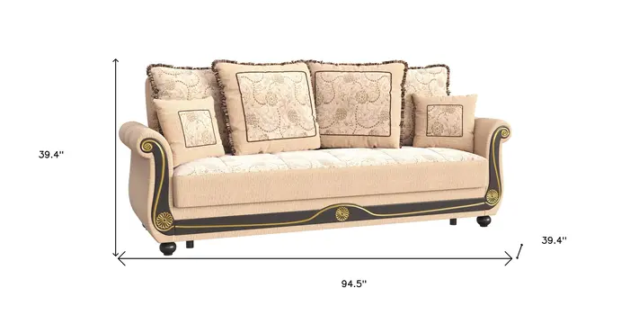 95" Beige Chenille Convertible Futon Sleeper Sofa And Toss Pillows With Storage